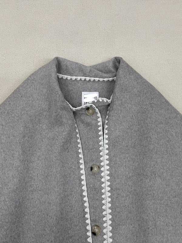 New wool blend coat fringed scarf collar loose woolen coat