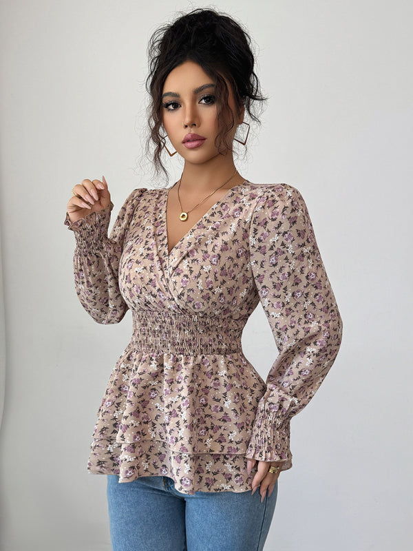 Floral long-sleeved T-shirt with floral waist