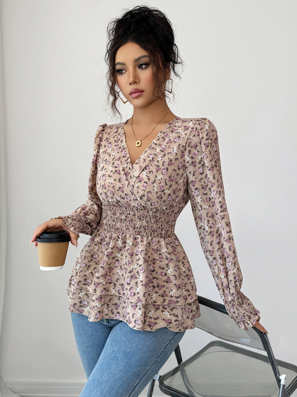 Floral long-sleeved T-shirt with floral waist