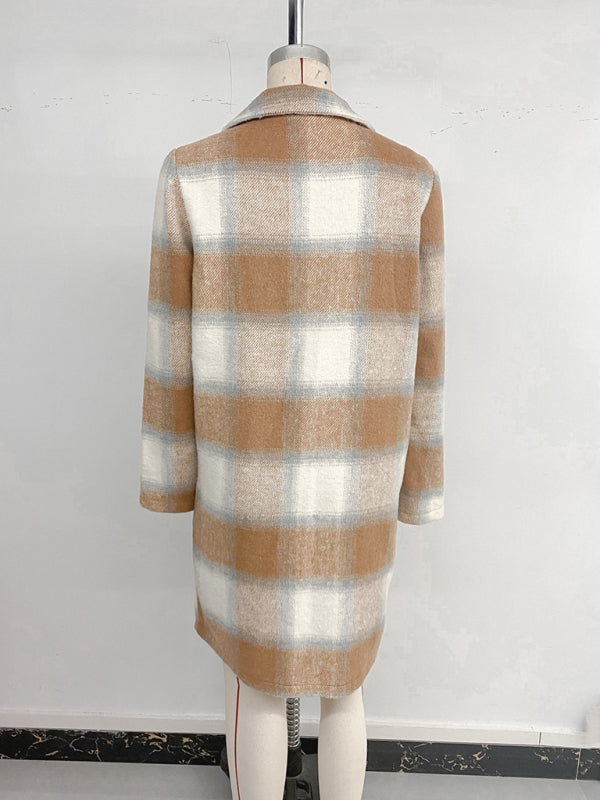Casual retro style mid-length double-breasted suit collar brushed plaid jacket