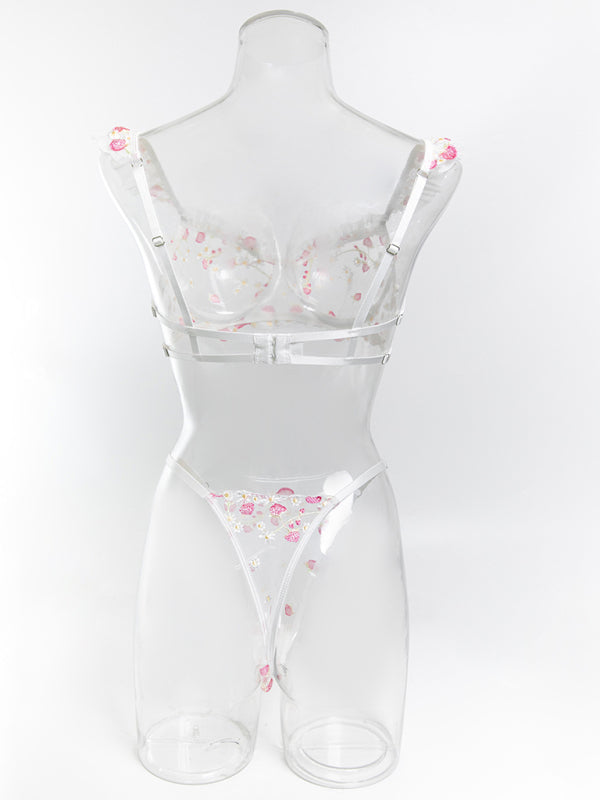 Small flying sleeve strawberry embroidery mesh see-through bra set