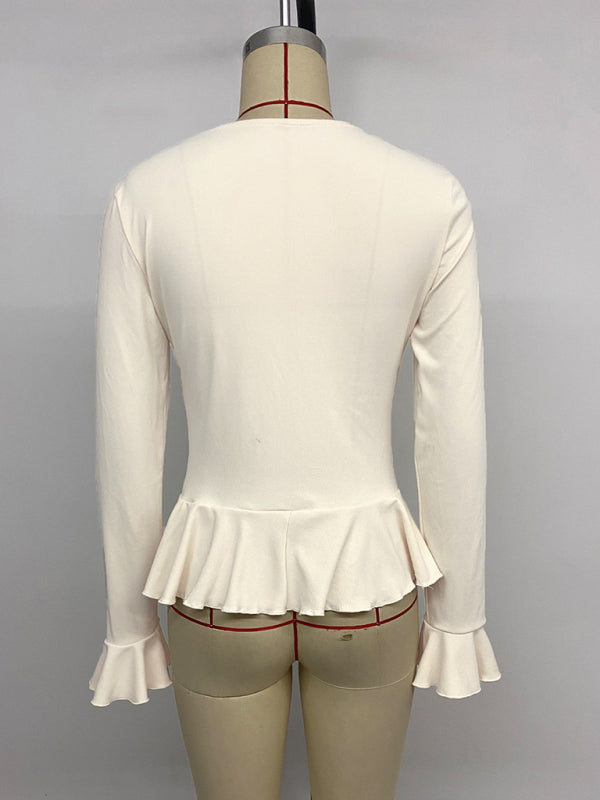 New solid color sweet and gentle V-neck ruffled top T-shirt