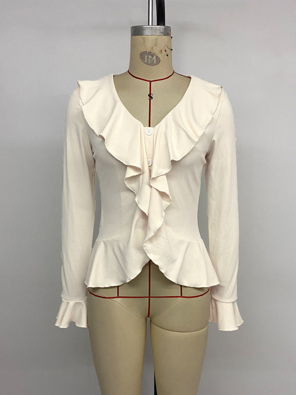 New solid color sweet and gentle V-neck ruffled top T-shirt