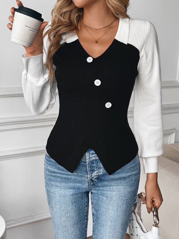 New contrast color stitching V-neck sweater