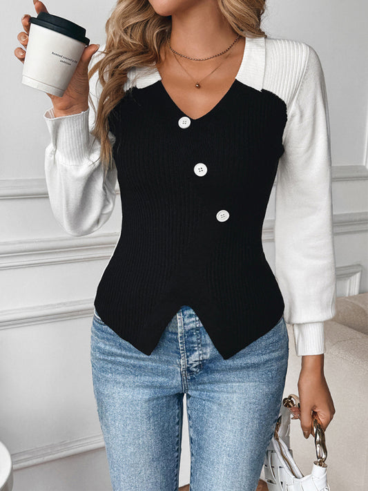 New contrast color stitching V-neck sweater