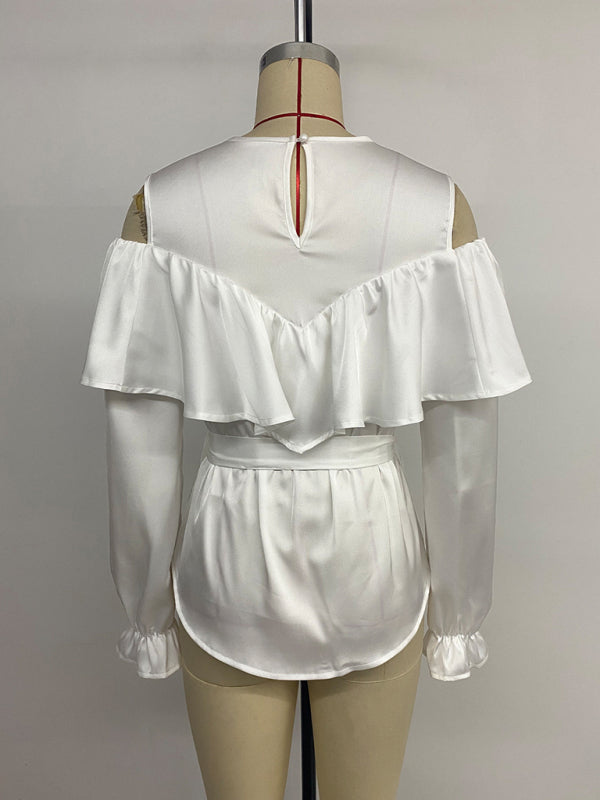 New elegant long-sleeved ruffled off-shoulder tie round neck shirt