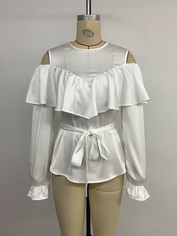 New elegant long-sleeved ruffled off-shoulder tie round neck shirt