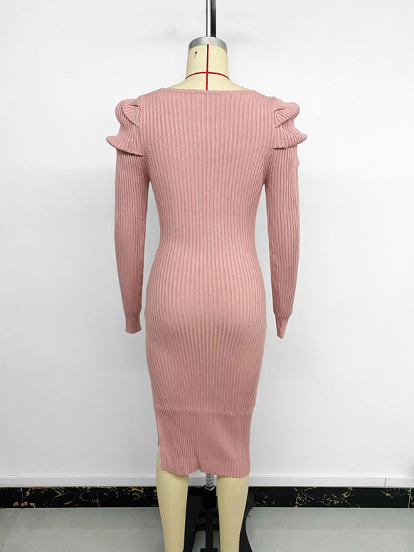 Elegant retro woolen skirt solid color square neck hip dress