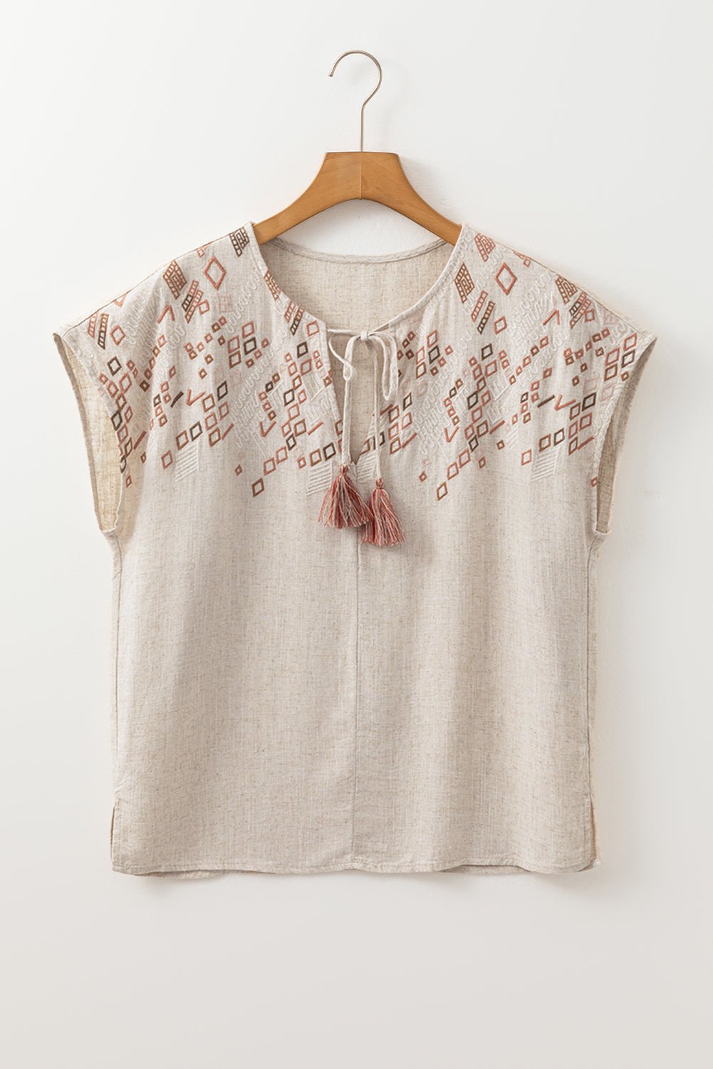 Jet Stream Geometric Embroidered Short Sleeve Tassel Tied V Neck Blouse - Chaelisa's New Jammies