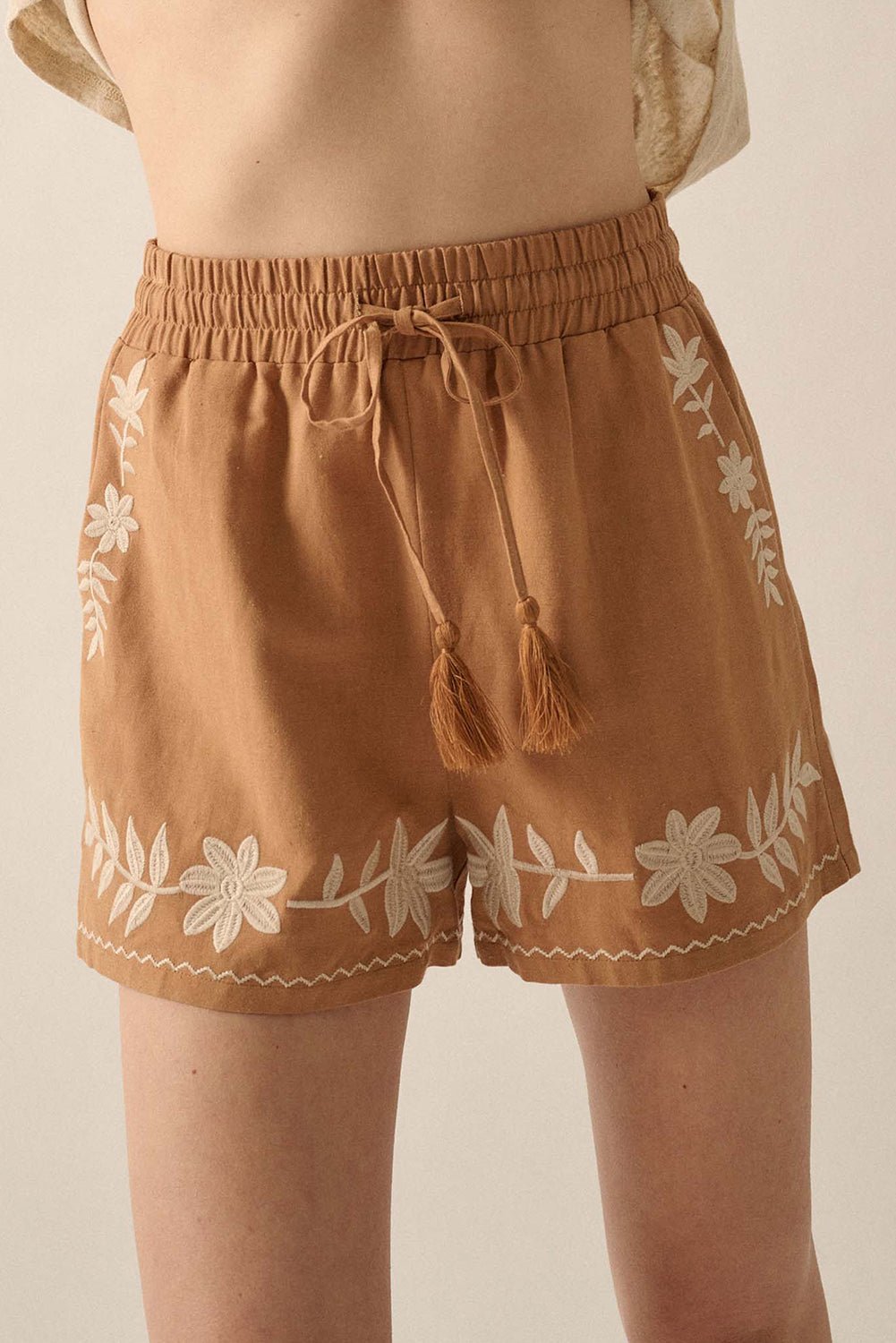 Khaki Embroidered Boho Tasseled Drawstring Elastic Waist Casual shorts - Chaelisa's New Jammies