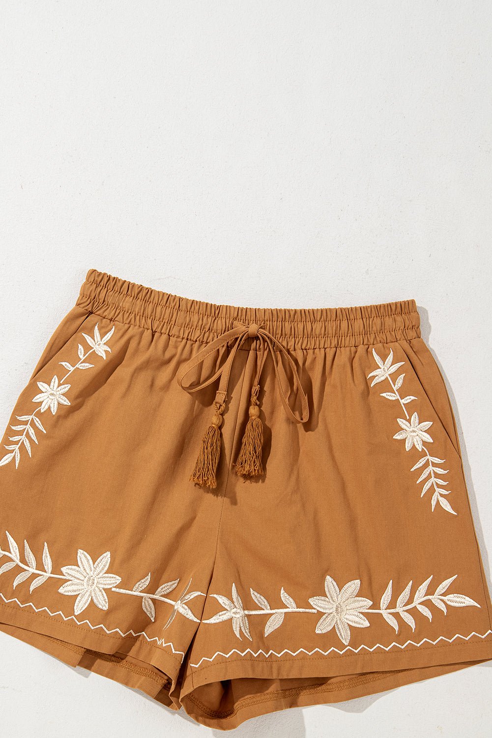 Khaki Embroidered Boho Tasseled Drawstring Elastic Waist Casual shorts - Chaelisa's New Jammies