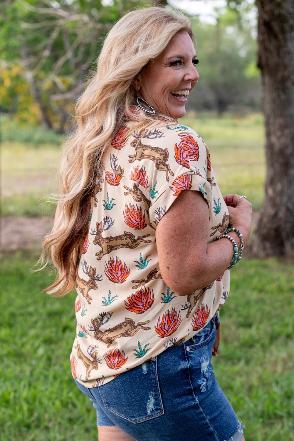 Khaki Plus Size Western Pattern Print Buttoned Short Sleeve Shirt - Chaelisa's New Jammies