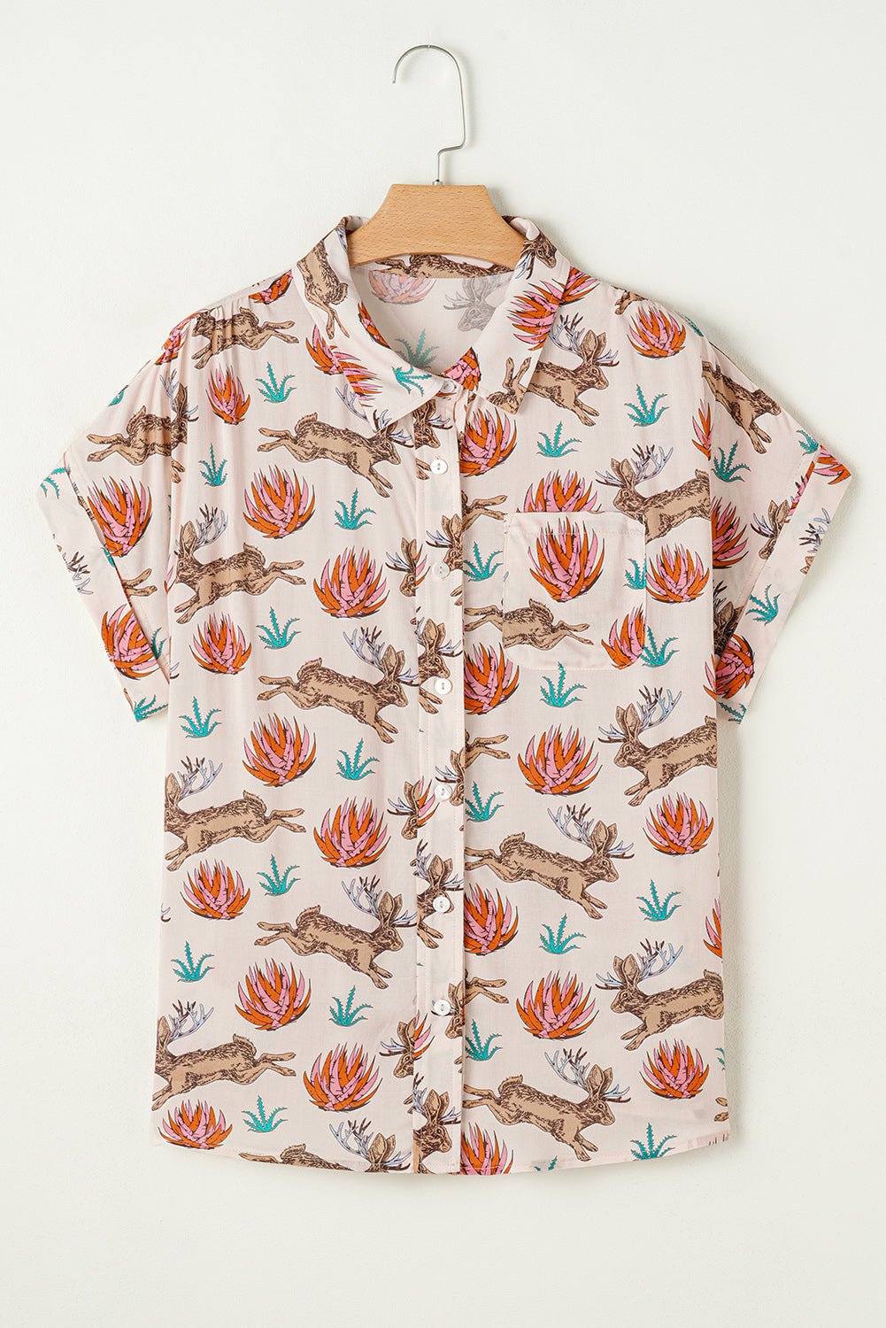 Khaki Plus Size Western Pattern Print Buttoned Short Sleeve Shirt - Chaelisa's New Jammies