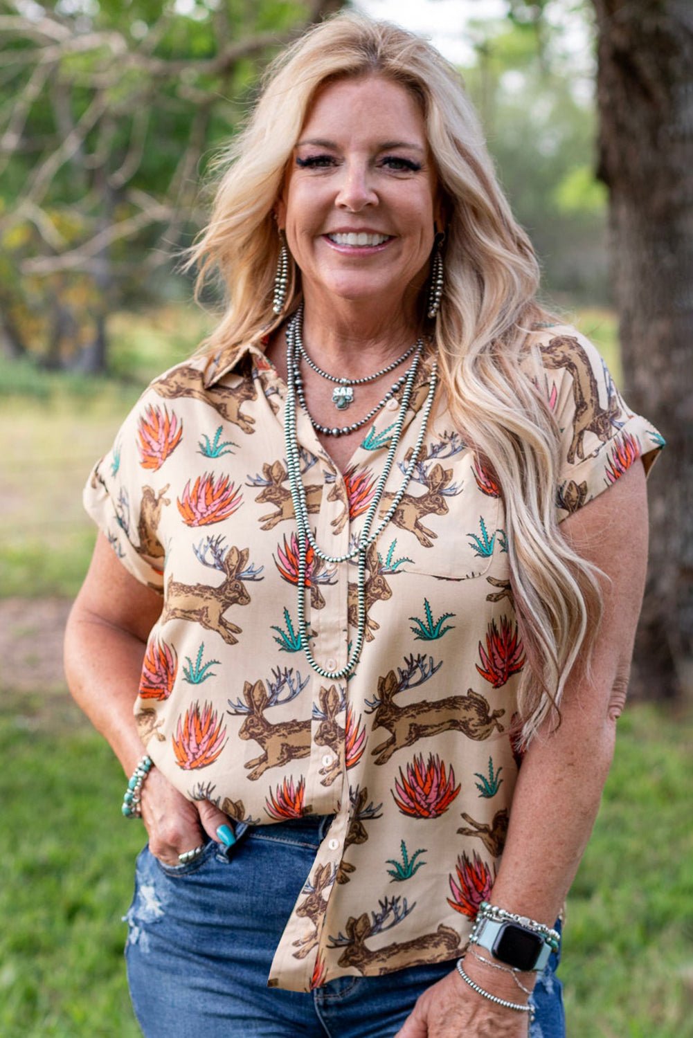 Khaki Plus Size Western Pattern Print Buttoned Short Sleeve Shirt - Chaelisa's New Jammies