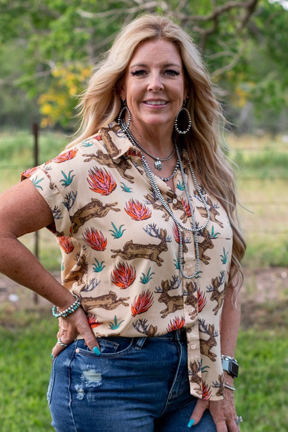 Khaki Plus Size Western Pattern Print Buttoned Short Sleeve Shirt - Chaelisa's New Jammies