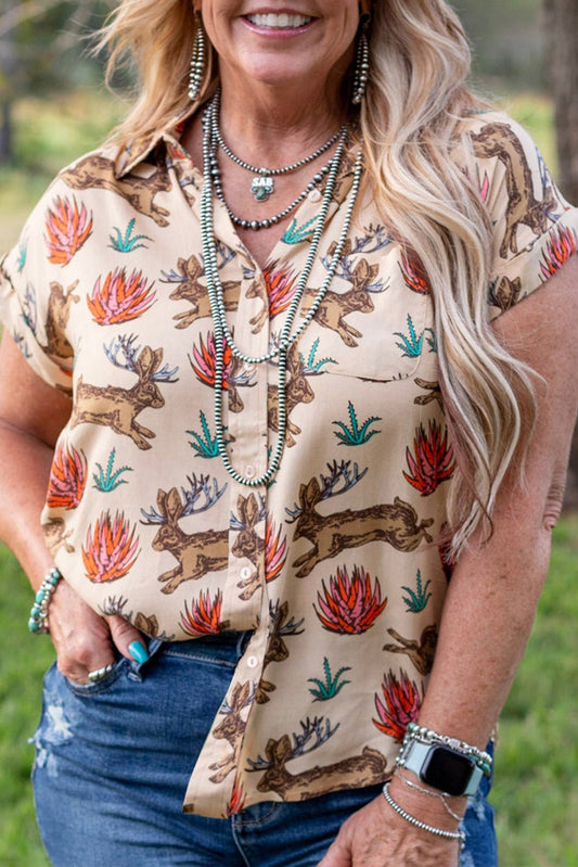 Khaki Plus Size Western Pattern Print Buttoned Short Sleeve Shirt - Chaelisa's New Jammies