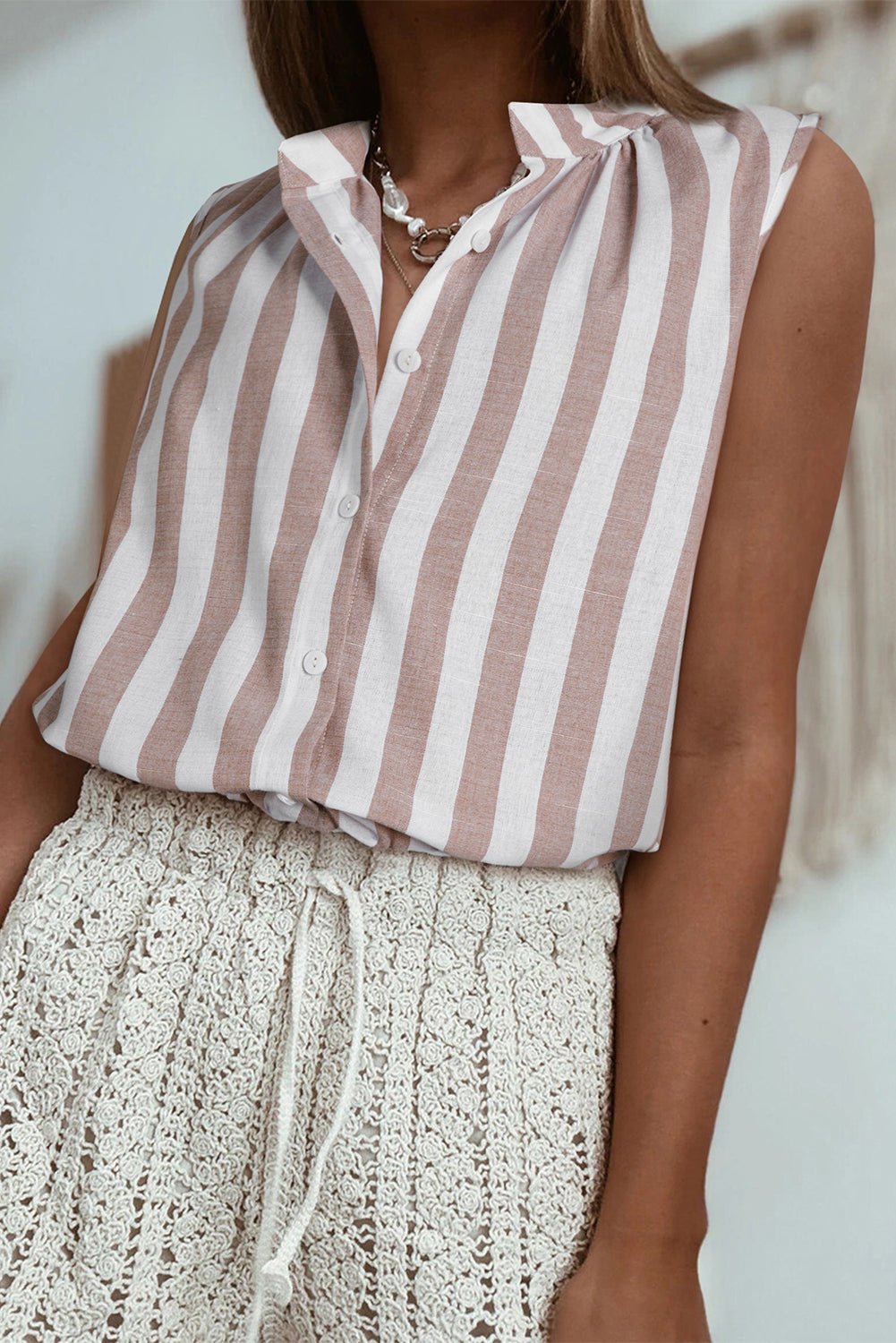 Khaki Stripe Casual Button Down Sleeveless Shirt - Chaelisa's New Jammies