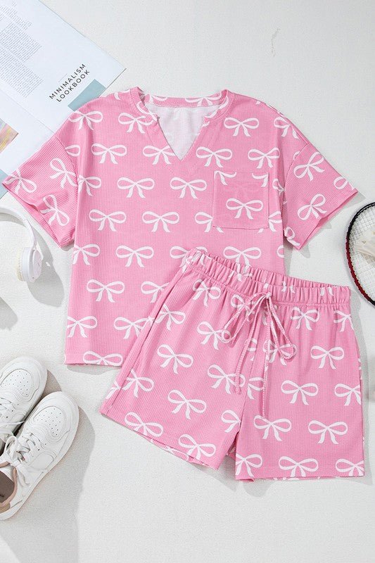 Knit Bowknot Printed V Neck T Shirt and Shorts Set - Chaelisa's New Jammies