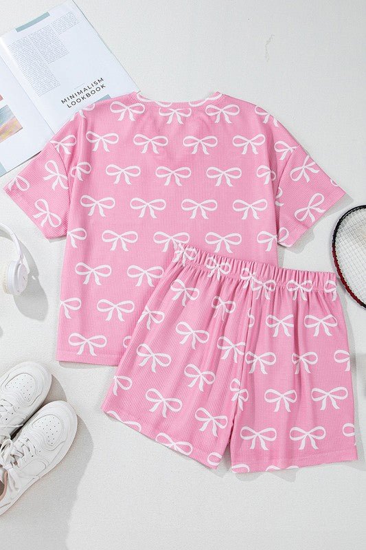 Knit Bowknot Printed V Neck T Shirt and Shorts Set - Chaelisa's New Jammies