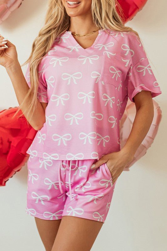 Knit Bowknot Printed V Neck T Shirt and Shorts Set - Chaelisa's New Jammies