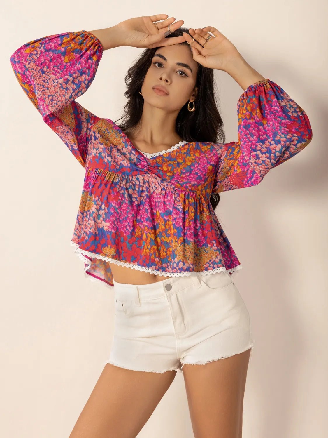Lace Detail Printed Balloon Sleeve Top - Chaelisa's New Jammies