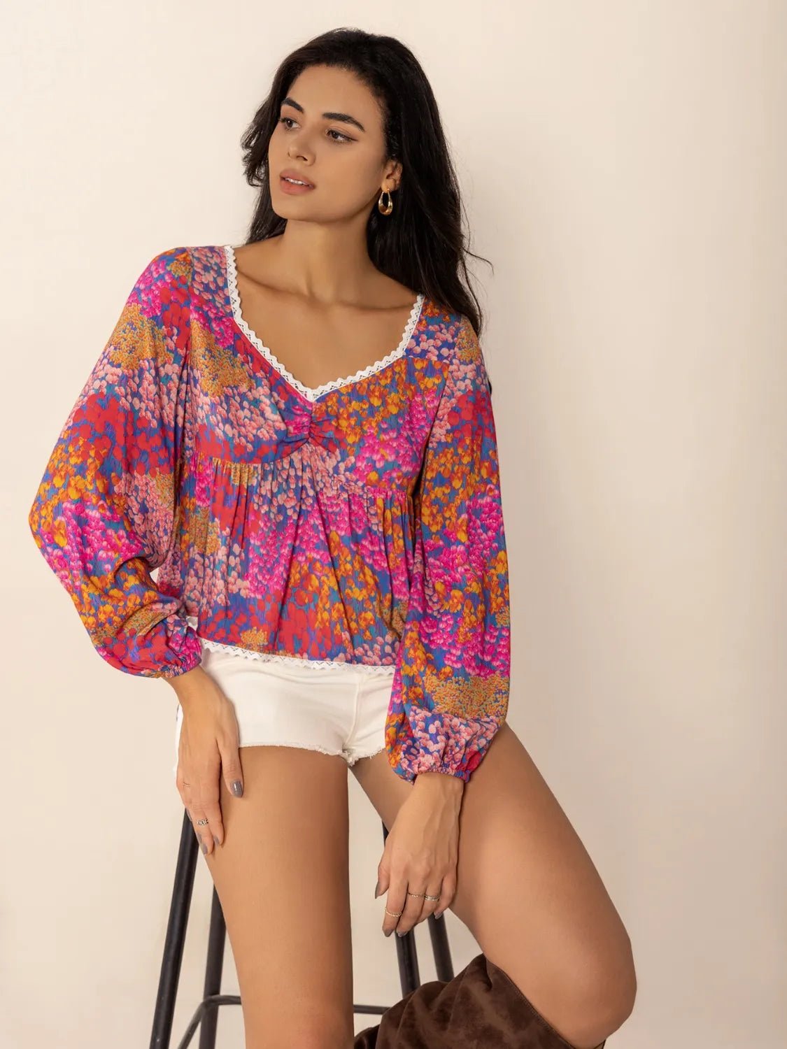 Lace Detail Printed Balloon Sleeve Top - Chaelisa's New Jammies