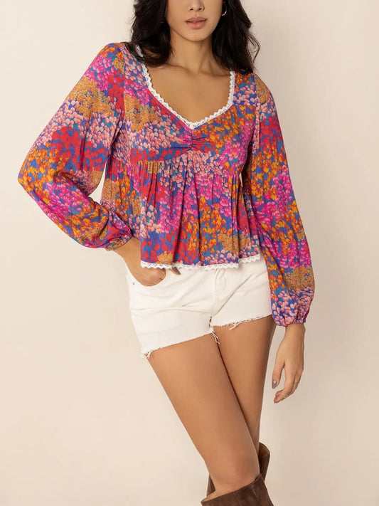 Lace Detail Printed Balloon Sleeve Top - Chaelisa's New Jammies