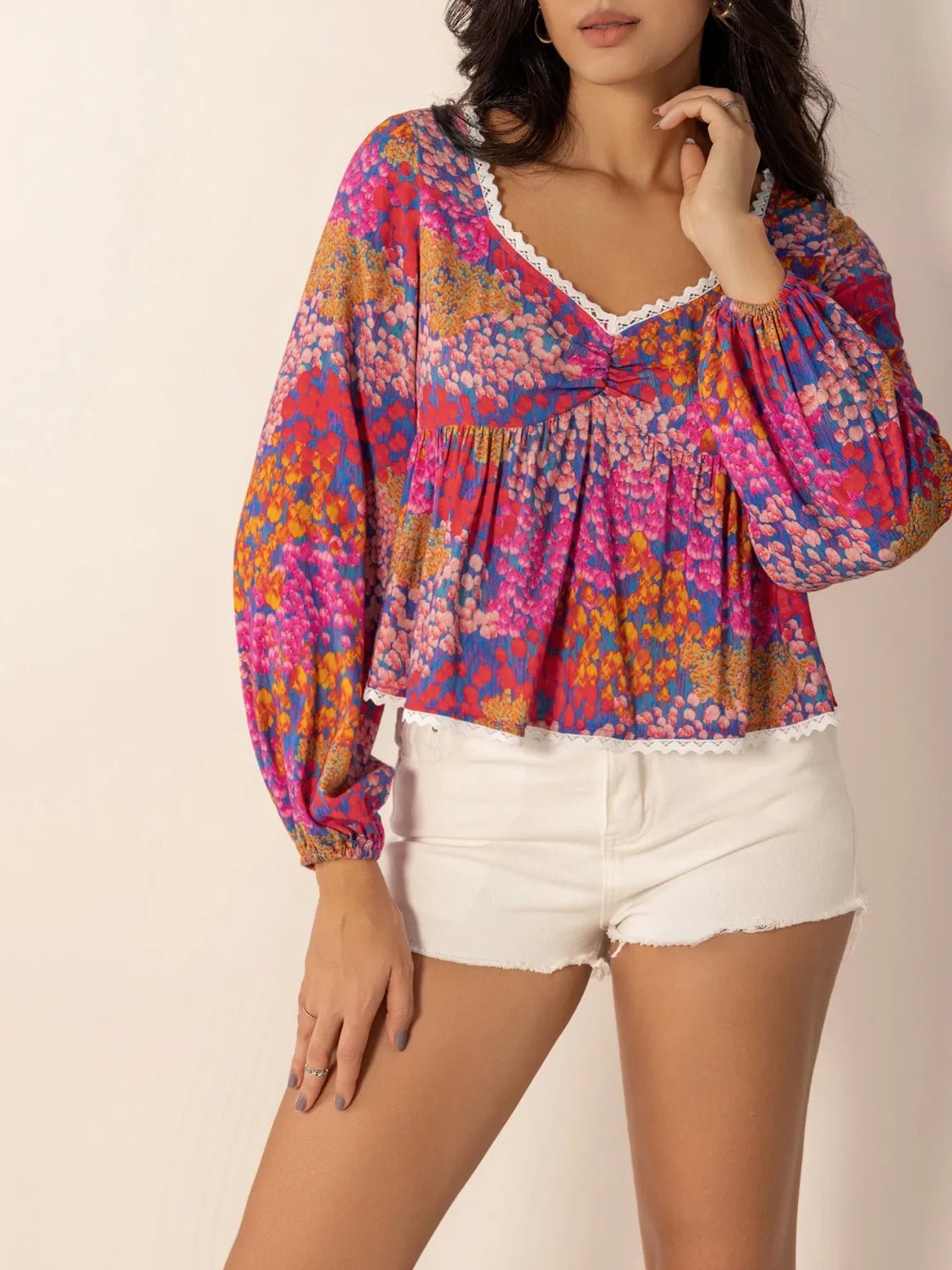 Lace Detail Printed Balloon Sleeve Top - Chaelisa's New Jammies