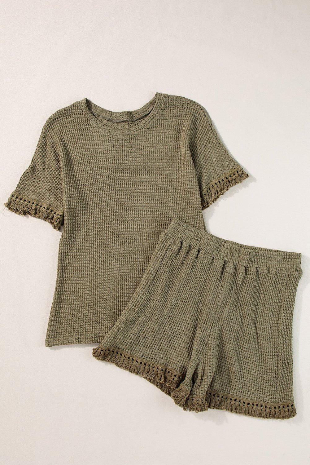 Laurel Green Fringe Trim Textured Short Two Piece Set - Chaelisa's New Jammies