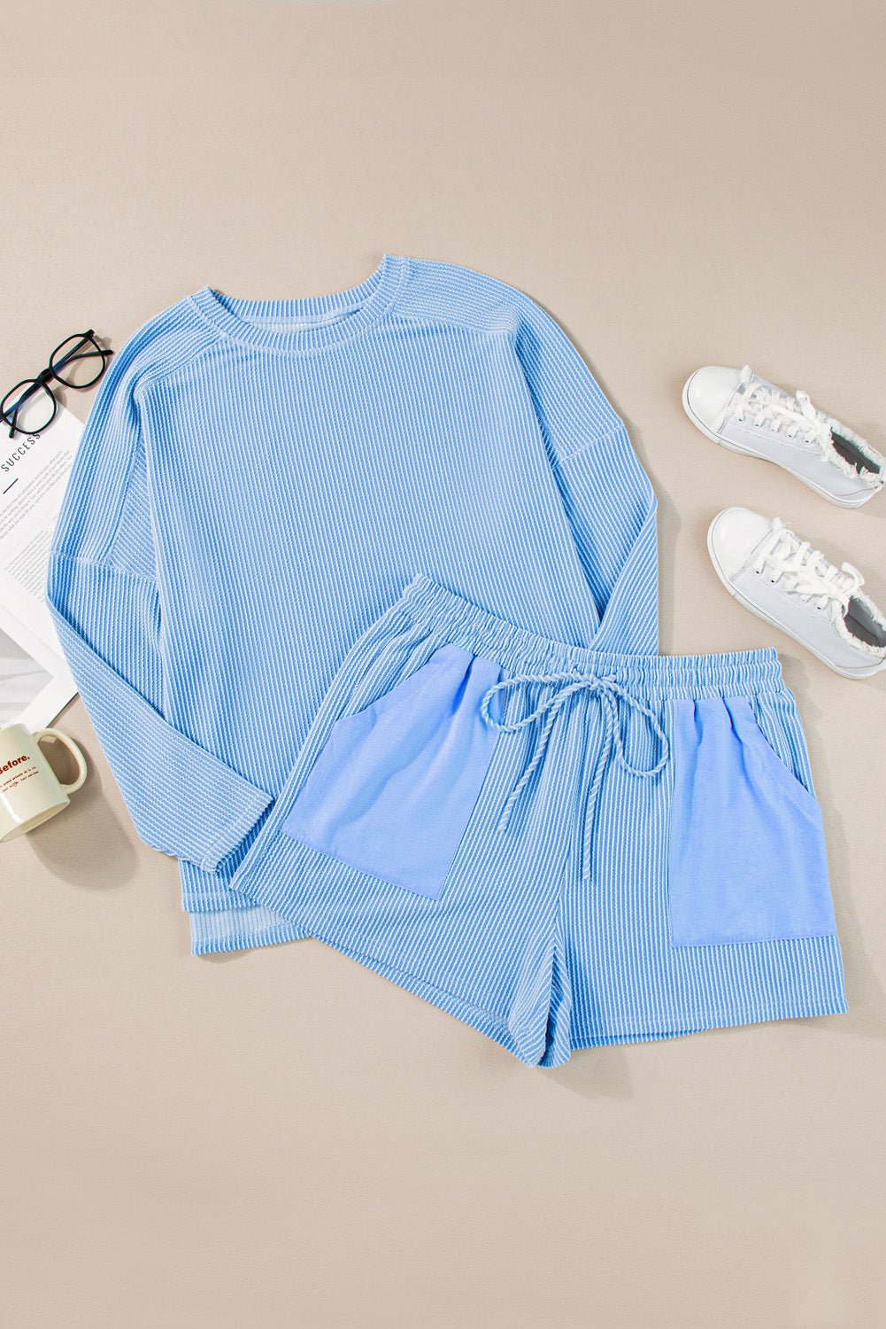 Light Blue Plus Size Ribbed Long Sleeve Top and Drawstring Shorts Set - Chaelisa's New Jammies
