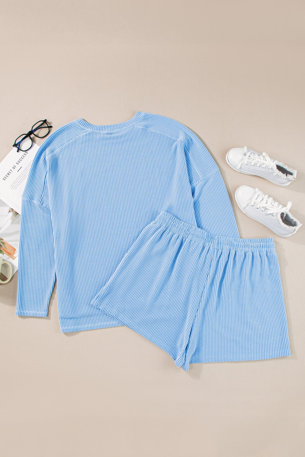 Light Blue Plus Size Ribbed Long Sleeve Top and Drawstring Shorts Set - Chaelisa's New Jammies