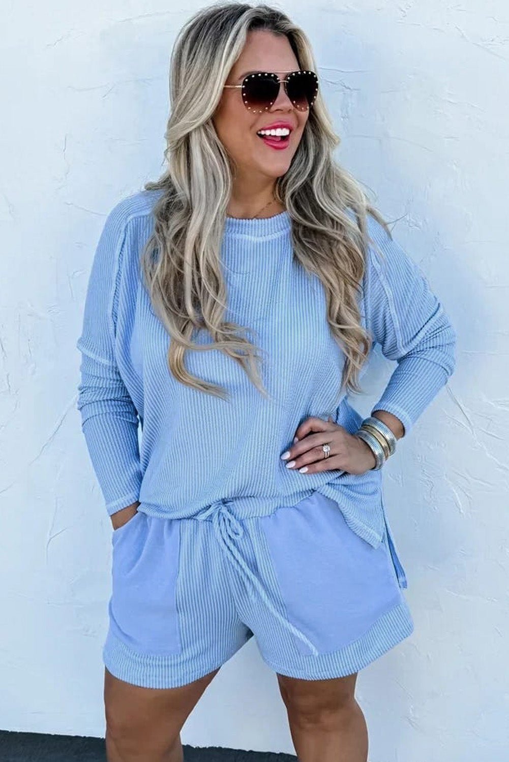 Light Blue Plus Size Ribbed Long Sleeve Top and Drawstring Shorts Set - Chaelisa's New Jammies