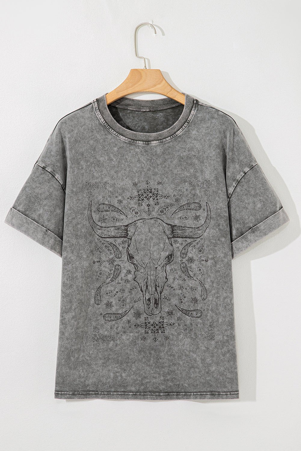 Light Grey Western Steer Head Tie Dye Print Crew Neck T Shirt - Chaelisa's New Jammies
