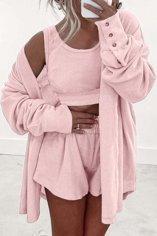 Light Pink 3 Pcs Crop Tank Top Shorts with Cardigan Lounge Set - Chaelisa's New Jammies