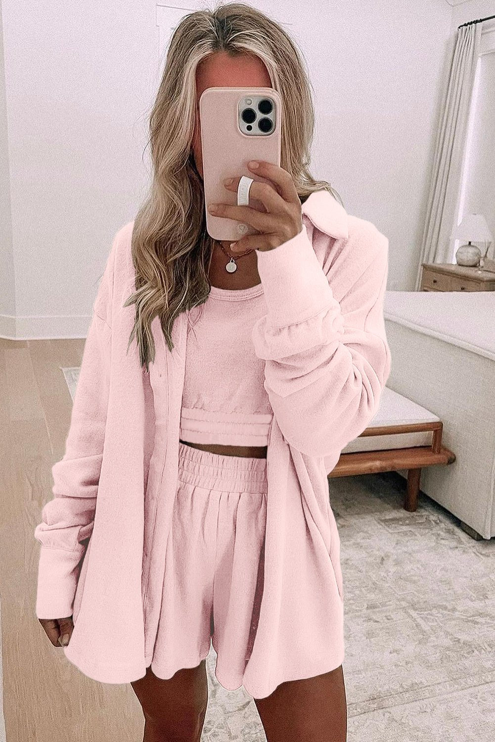 Light Pink 3 Pcs Crop Tank Top Shorts with Cardigan Lounge Set - Chaelisa's New Jammies