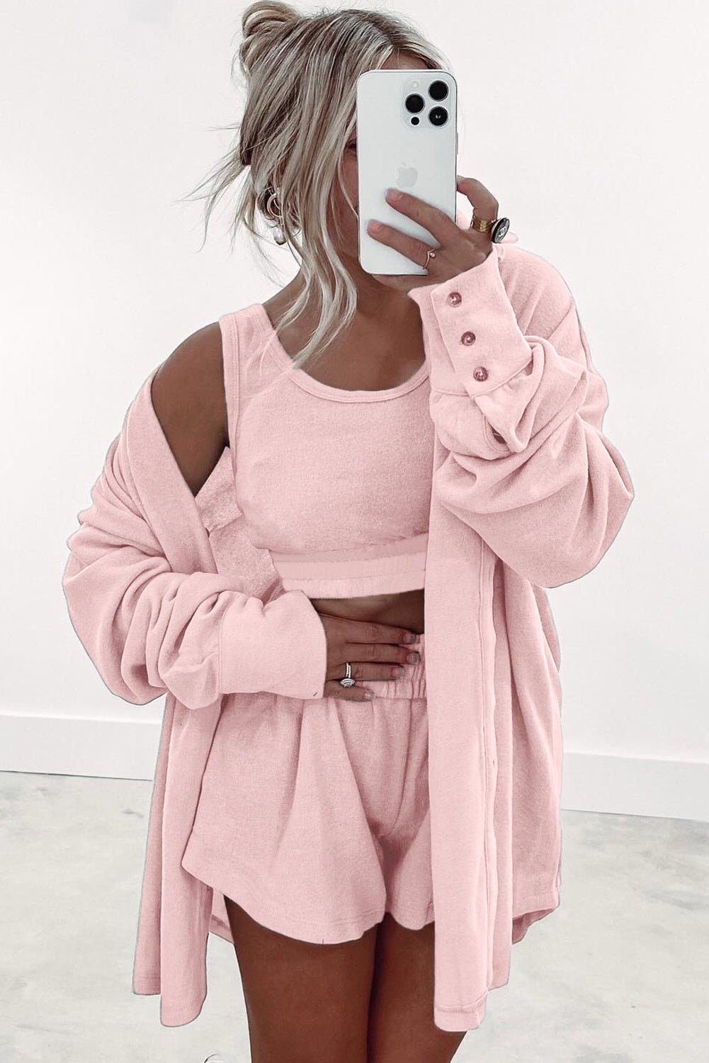 Light Pink 3 Pcs Crop Tank Top Shorts with Cardigan Lounge Set - Chaelisa's New Jammies