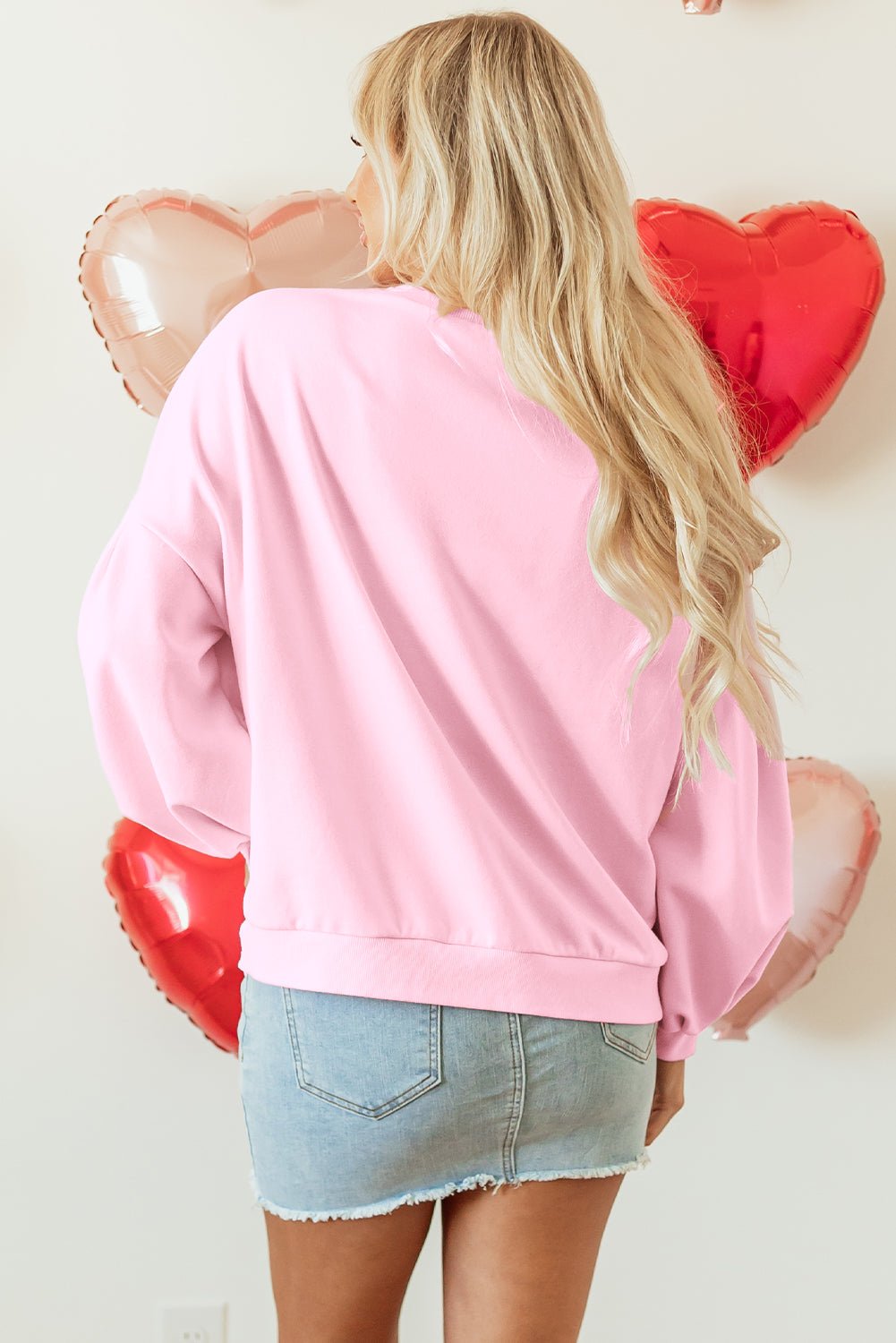 Light Pink Embroidered Bow Lantern Sleeve Oversized Pullover Sweatshirt - Chaelisa's New Jammies