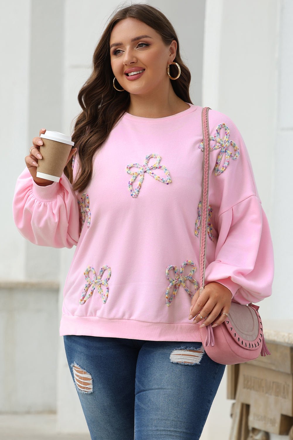 Light Pink Embroidered Bow Lantern Sleeve Oversized Pullover Sweatshirt - Chaelisa's New Jammies