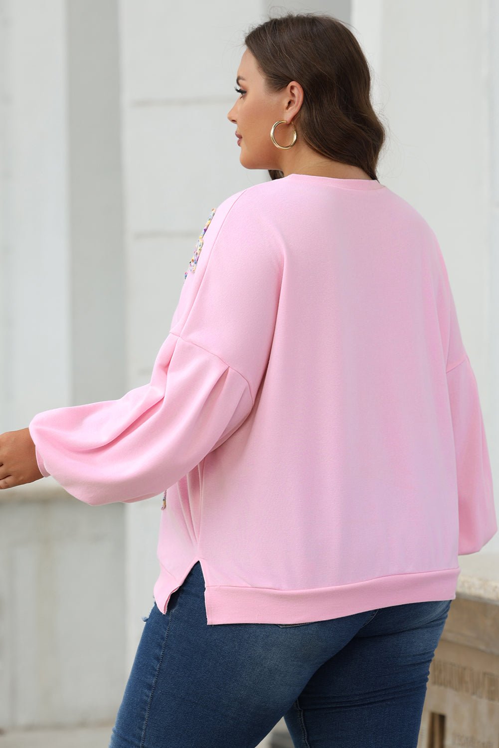 Light Pink Embroidered Bow Lantern Sleeve Oversized Pullover Sweatshirt - Chaelisa's New Jammies