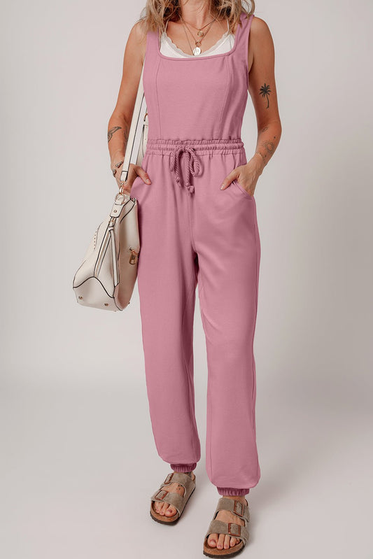 Light Pink Lace - up Elastic Waist Sleeveless Square Neck Jumpsuit - Chaelisa's New Jammies