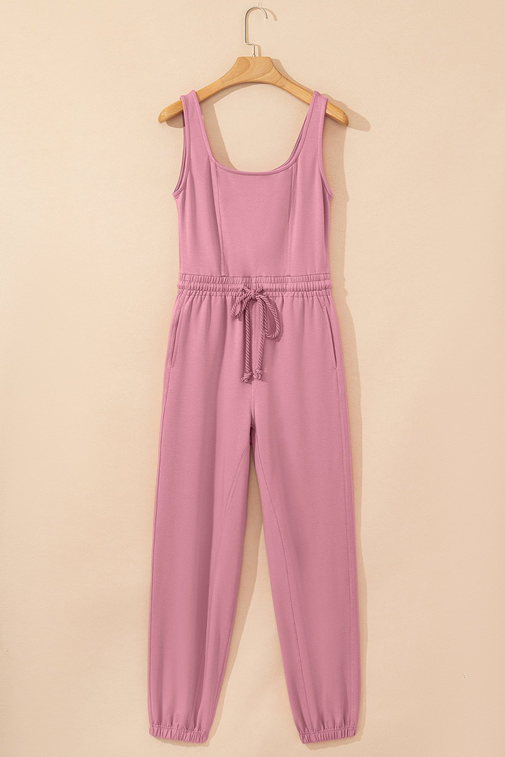 Light Pink Lace - up Elastic Waist Sleeveless Square Neck Jumpsuit - Chaelisa's New Jammies