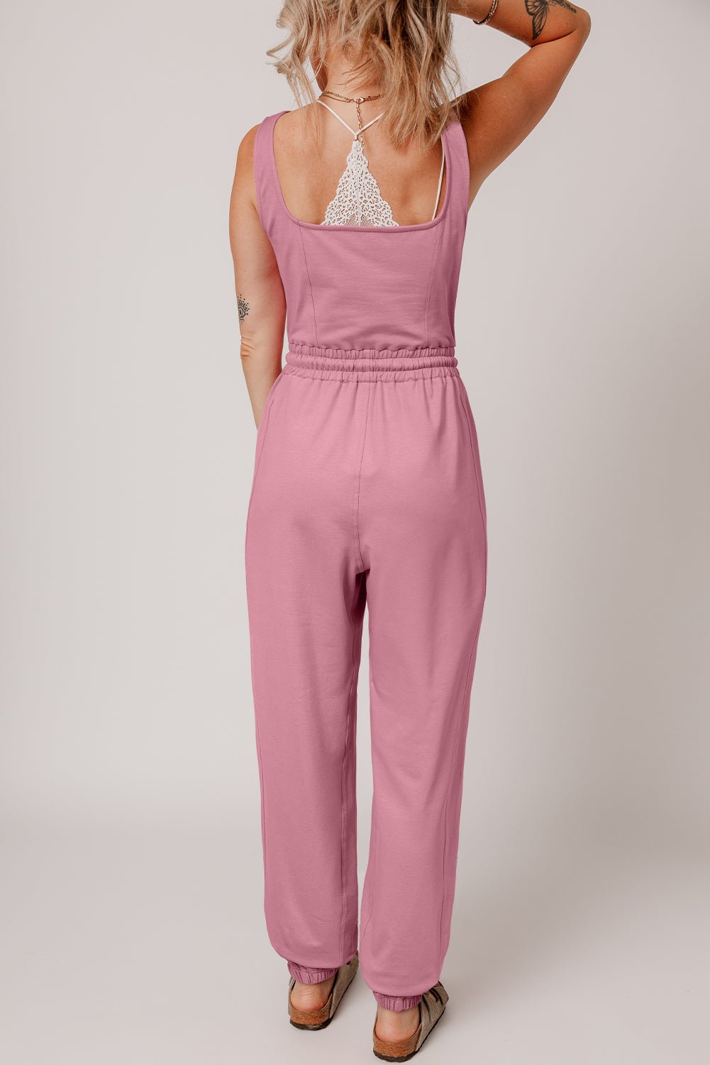 Light Pink Lace - up Elastic Waist Sleeveless Square Neck Jumpsuit - Chaelisa's New Jammies