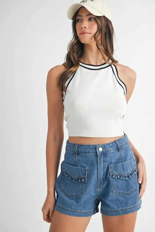 MABLE Contrast Trim Grecian Neck Cropped Tank - Chaelisa's New Jammies