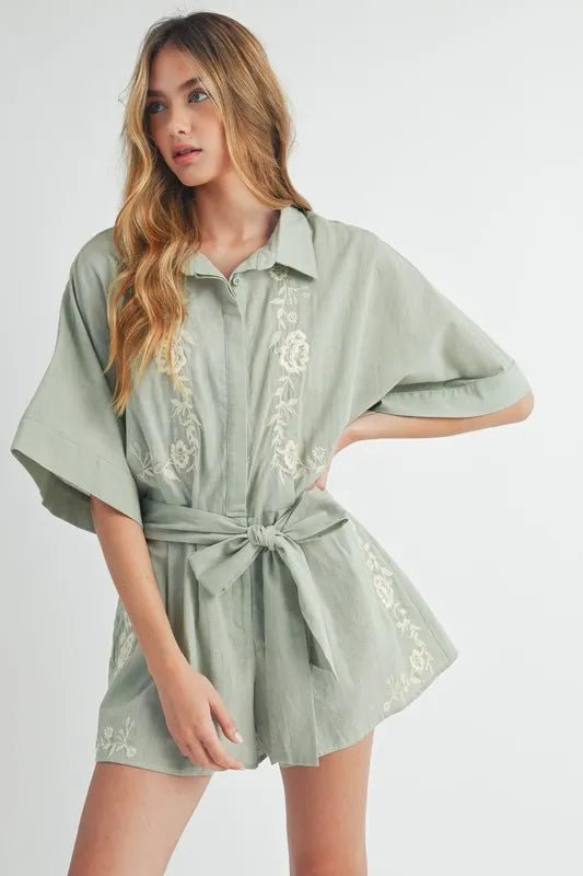 MABLE Embroidered Button Down Collared Neck Romper - Chaelisa's New Jammies