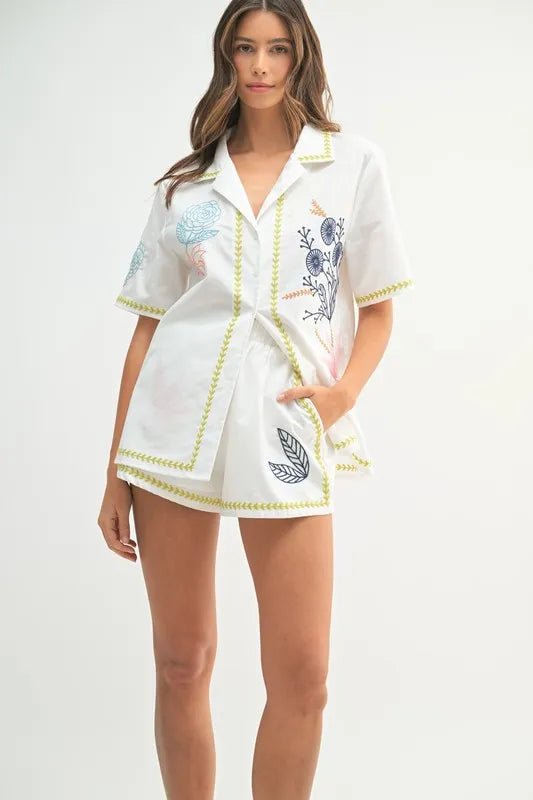 MABLE Embroidered Button Down Shirt and Shorts Set - Chaelisa's New Jammies