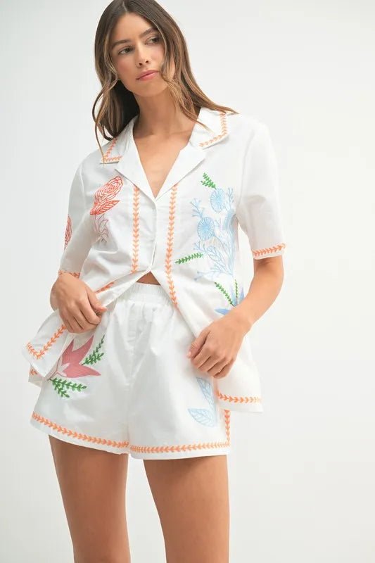 MABLE Embroidered Button Down Shirt and Shorts Set - Chaelisa's New Jammies