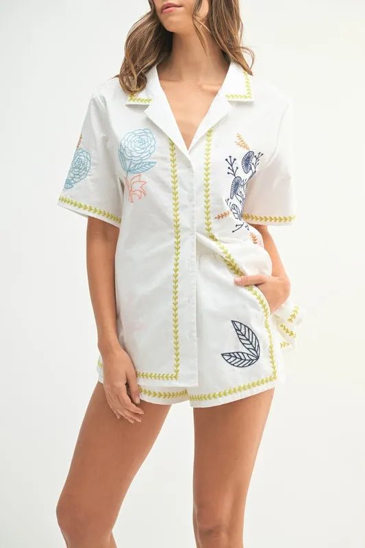 MABLE Embroidered Button Down Shirt and Shorts Set - Chaelisa's New Jammies