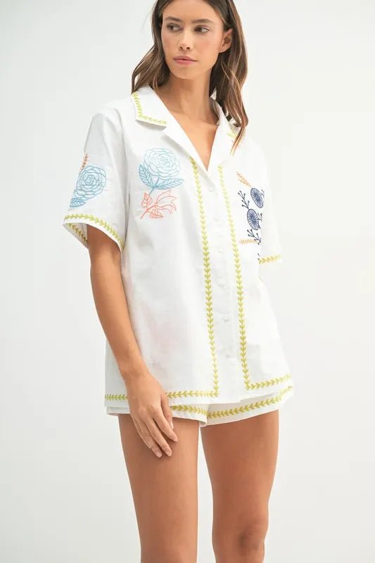 MABLE Embroidered Button Down Shirt and Shorts Set - Chaelisa's New Jammies