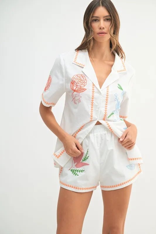 MABLE Embroidered Button Down Shirt and Shorts Set - Chaelisa's New Jammies
