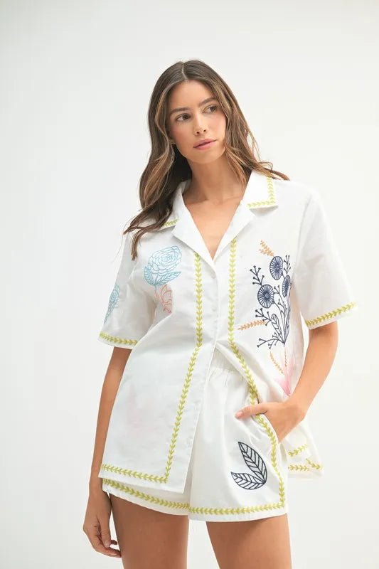 MABLE Embroidered Button Down Shirt and Shorts Set - Chaelisa's New Jammies